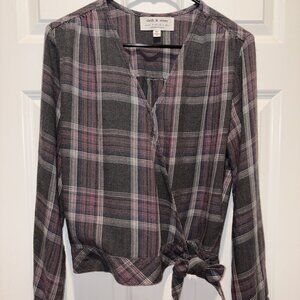 Cloth & Stone Anthropologie Lara Grey/Pink Plaid Wrap Flannel Long Sleeve Medium